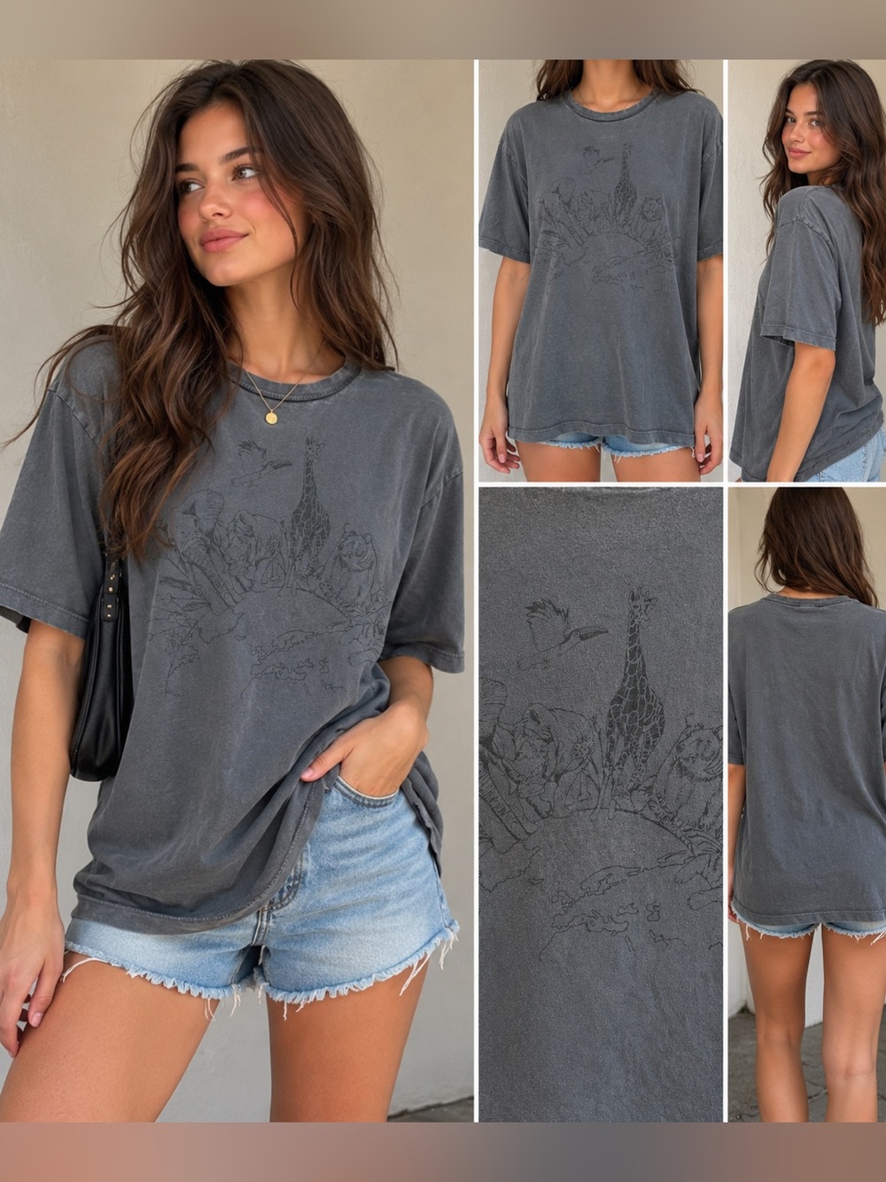 American Eagle Oversized Faded Charcoal Animal Graphic T-Shirt Size M